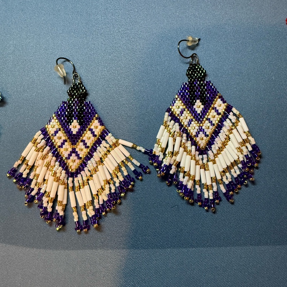 Elegant Beaded Fringe Earrings in Purple and Gold